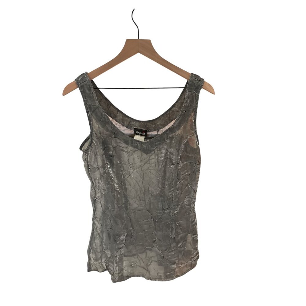 Tempted Metallic Silver Crinkled Sleeveless Scoop Neck Tank Top Womens L